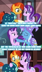 Size: 500x843 | Tagged: safe, edit, edited screencap, screencap, character:starlight glimmer, character:sunburst, character:trixie, ship:starburst, episode:uncommon bond, g4, my little pony: friendship is magic, female, male, shipper on deck, shipping, straight, the great and powerful shipper