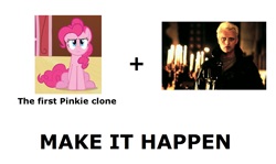 Size: 1337x796 | Tagged: safe, edit, edited screencap, screencap, character:pinkie pie, species:earth pony, species:pony, episode:too many pinkie pies, g4, my little pony: friendship is magic, blade runner, exploitable meme, make it happen, meta, pinkie clone debate, pinkie tyrone, roy batty, rutger hauer, text