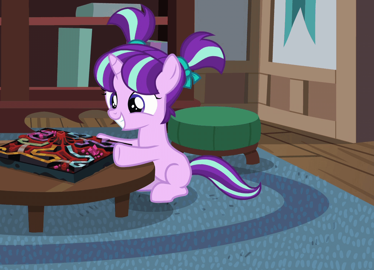 Size: 1236x894 | Tagged: safe, edit, edited screencap, screencap, character:starlight glimmer, species:pony, species:unicorn, episode:uncommon bond, g4, my little pony: friendship is magic, age regression, animated, blinking, board game, bow, cute, dragon pit, excited, eyes closed, eyes on the prize, female, filly, filly starlight glimmer, gif, glimmerbetes, grin, hoof hold, mine!, motion blur, ouija, ouija board, pigtails, poltergeist, reversed, ribbon, sitting, smiling, solo, squee, underhoof, yoink, younger, zozo