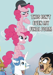 Size: 500x705 | Tagged: safe, edit, screencap, character:fancypants, character:pinkie pie, species:earth pony, species:pony, species:unicorn, episode:too many pinkie pies, g4, my little pony: friendship is magic, clone, clones, clothing, dragon ball, dragon ball z, female, hat, image macro, male, mare, meme, pinkie clone, sitting, sitting on head, stallion, vegeta