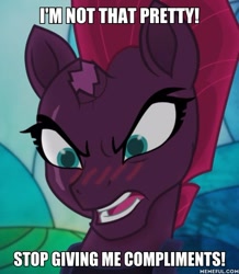 Size: 600x687 | Tagged: safe, edit, edited screencap, screencap, character:tempest shadow, my little pony: the movie (2017), blatant lies, blushing, image macro, meme, pretty, pretty pretty tempest, tsundere, tsundere shadow