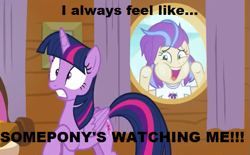 Size: 603x375 | Tagged: safe, edit, edited screencap, screencap, character:twilight sparkle, character:twilight sparkle (alicorn), species:alicorn, species:pony, episode:once upon a zeppelin, g4, my little pony: friendship is magic, image macro, meme, rockwell, somebody's watching me, song reference, sunny side