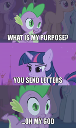 Size: 500x843 | Tagged: safe, edit, edited screencap, screencap, character:amethyst star, character:candy mane, character:lyra heartstrings, character:sparkler, character:spike, character:twilight sparkle, species:dragon, episode:boast busters, g4, my little pony: friendship is magic, image macro, meme, rick and morty