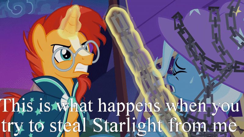 Size: 800x450 | Tagged: safe, edit, edited screencap, screencap, character:sunburst, character:trixie, episode:uncommon bond, g4, my little pony: friendship is magic, animated, caption, chains, gif, image macro, implied lesbian, implied shipping, implied starburst, implied startrix, jealous, magic, meme, out of context, telekinesis