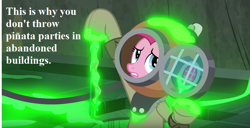 Size: 860x440 | Tagged: safe, edit, edited screencap, screencap, character:pinkie pie, episode:shadow play, g4, my little pony: friendship is magic, blindfold, cropped, disgusted, diving suit, drain, female, helmet, pyramid, season 7, slime, solo