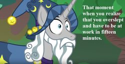 Size: 854x440 | Tagged: safe, edit, edited screencap, screencap, character:star swirl the bearded, species:pony, species:unicorn, episode:shadow play, g4, my little pony: friendship is magic, bells, cloak, clothing, cropped, frown, gritted teeth, hat, late, male, oh crap face, ponehenge, season 7, shocked, shrunken pupils, solo, stallion, text, wide eyes