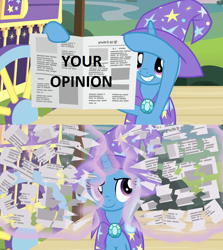 Size: 1280x1436 | Tagged: safe, edit, edited screencap, screencap, character:trixie, species:pony, species:unicorn, episode:uncommon bond, g4, my little pony: friendship is magic, cape, clothing, female, hat, mare, meme, newspaper, opinion, reaction image, solo, trixie's cape, trixie's hat, your opinion