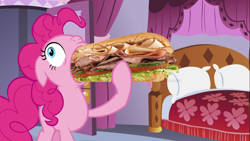 Size: 1366x768 | Tagged: safe, edit, edited screencap, screencap, character:pinkie pie, episode:canterlot boutique, g4, my little pony: friendship is magic, crazy eyes, food, ponies eating meat, swallowing