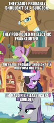 Size: 600x1348 | Tagged: safe, edit, edited screencap, screencap, character:doctor horse, character:doctor stable, character:maud pie, character:spike, character:twilight sparkle, character:twilight sparkle (unicorn), species:dragon, species:pony, species:unicorn, episode:it's about time, episode:rarity takes manehattan, episode:read it and weep, episode:rock solid friendship, g4, my little pony: friendship is magic, bender bending rodriguez, carrot, carrot dog, dr hubert j farnsworth, eyepatch, female, food, futurama, future twilight, golden oaks library, how hermes requisitioned his groove back, image macro, lidded eyes, male, mare, meme, stallion, turanga leela, zoidberg