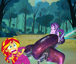 Size: 1988x1678 | Tagged: safe, edit, screencap, character:starlight glimmer, character:sunset shimmer, species:human, species:pony, species:unicorn, episode:no second prances, equestria girls:rainbow rocks, g4, my little pony: equestria girls, my little pony: friendship is magic, my little pony:equestria girls, boop, clothing, cropped, exploitable meme, female, forest, ghost (halo), glimmerposting, halo, halo (series), lidded eyes, meme, not salmon, pajamas, raised eyebrow, scared, self-boop, smiling, smirk, solo, the elite, wat