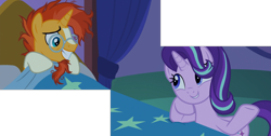 Size: 3242x1638 | Tagged: safe, edit, edited screencap, screencap, character:starlight glimmer, character:sunburst, episode:uncommon bond, g4, my little pony: friendship is magic, bed, blanket, creepy, curtains, cute, excited, gritted teeth, happy, head tilt, hoof on chin, looking at each other, messy mane, nervous, night, pillow, sheet, simple background, smiling, stars, transparent background, twilight's castle