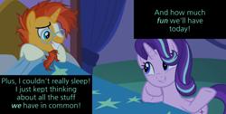 Size: 3242x1638 | Tagged: safe, edit, edited screencap, screencap, character:starlight glimmer, character:sunburst, episode:uncommon bond, g4, my little pony: friendship is magic, bed, blanket, caption, creepy, curtains, cute, excited, gritted teeth, happy, head tilt, hoof on chin, looking at each other, messy mane, nervous, night, pillow, sheet, smiling, stars, text, twilight's castle