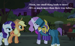 Size: 1100x675 | Tagged: safe, edit, edited screencap, screencap, character:applejack, character:rarity, character:viola, species:earth pony, species:pony, species:unicorn, episode:made in manehattan, g4, my little pony: friendship is magic, my little pony: the movie (2017), applejack's damaged hat, applejack's hat, art vandelhay, background pony, bowing, bronclyn, clothing, cowboy hat, cropped, female, hat, hat tip, lyrics, male, manehattan, mare, one small thing, park, song reference, stallion, text, top hat, uptown clover