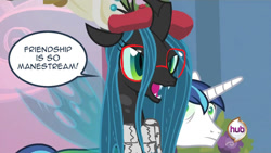 Size: 1000x564 | Tagged: safe, edit, edited screencap, screencap, character:queen chrysalis, character:shining armor, species:changeling, species:pony, species:unicorn, episode:a canterlot wedding, g4, my little pony: friendship is magic, changeling queen, clothing, duo, female, glasses, hat, hipster, hub logo, male, stallion, sweater