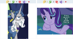 Size: 1213x654 | Tagged: safe, edit, edited screencap, screencap, character:star swirl the bearded, character:starlight glimmer, species:pony, species:unicorn, derpibooru, episode:shadow play, episode:uncommon bond, g4, my little pony: friendship is magic, animated in description, beard, bed, blanket, clothing, creepy, cute, excited, facial hair, happy, hat, head tilt, hoof on chin, image macro, juxtaposition, juxtaposition win, male, meme, meta, night, sheet, simple background, smiling, stallion, stars, text, twilight's castle, wizard hat, you must be new here