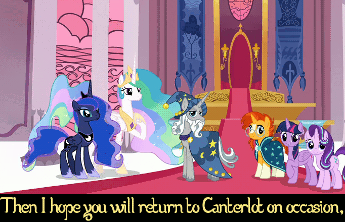 Size: 682x440 | Tagged: safe, edit, screencap, character:princess celestia, character:princess luna, character:star swirl the bearded, character:starlight glimmer, character:sunburst, character:twilight sparkle, character:twilight sparkle (alicorn), species:alicorn, species:pony, species:unicorn, episode:shadow play, g4, my little pony: friendship is magic, amulet, animated, banner, bell, bowing, canterlot castle, canterlot throne room, cape, caption, carpet, close-up, clothing, cropped, crown, crying, cute, dawwww, ethereal mane, female, fountain, galaxy mane, grin, happy, hat, jewelry, lip bite, looking at you, male, mare, pillar, pointing, raised hoof, regalia, slippers, smiling, stained glass, stallion, surprised, swirlabetes, tears of joy, text, throne, throne room, twiabetes, water, wizard hat