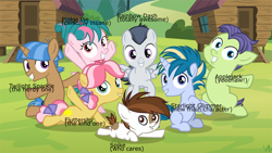 Size: 3200x1800 | Tagged: safe, edit, edited screencap, screencap, character:cucumber seed, character:kettle corn, character:mocha berry, character:pipsqueak, character:rumble, character:skeedaddle, character:tulip swirl, species:earth pony, species:pegasus, species:pony, species:unicorn, episode:marks and recreation, g4, my little pony: friendship is magic, colt, female, filly, foal, male