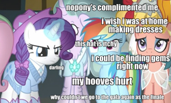 Size: 601x364 | Tagged: safe, edit, edited screencap, screencap, character:flash magnus, character:fluttershy, character:mistmane, character:rainbow dash, character:rarity, character:rockhoof, character:somnambula, species:pony, species:unicorn, episode:shadow play, g4, my little pony: friendship is magic, braid, clothing, complaining, cowboy hat, darling, female, hat, i wish i was at home, i wish i was home, image macro, inner thoughts, magic, manehattan, mare, meme, see-through, text