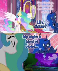 Size: 1280x1558 | Tagged: safe, edit, edited screencap, screencap, character:princess celestia, character:princess luna, species:alicorn, species:pony, episode:the crystal empire, g4, my little pony: friendship is magic, annoyed, canterlot throne room, comic, dialogue, ethereal mane, female, galaxy mane, heart black as night, luna is not amused, mare, poor word choice, unamused