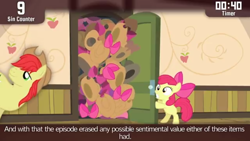 Size: 854x480 | Tagged: safe, edit, edited screencap, screencap, character:apple bloom, character:bright mac, species:earth pony, species:pony, episode:somepony to watch over me, g4, my little pony: friendship is magic, apple bloom's bow, applejack's hat, bow, cinemare sins, closet, clothing, cowboy hat, female, filly, foal, hair bow, hat, hat and bow closet, male, stallion