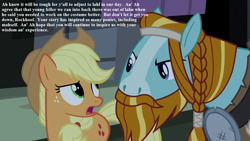 Size: 1280x720 | Tagged: safe, edit, edited screencap, screencap, character:applejack, character:rockhoof, species:earth pony, species:pony, episode:shadow play, g4, my little pony: friendship is magic, braid, clothing, female, hat, implied jerks, male, manehattan, mare, season 7, stallion, text