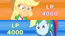Size: 800x450 | Tagged: safe, edit, edited screencap, screencap, character:applejack, character:rainbow dash, episode:queen of clubs, g4, my little pony: equestria girls, my little pony:equestria girls, geode of super speed, geode of super strength, life points, magical geodes, yu-gi-oh!