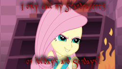 Size: 1280x720 | Tagged: safe, edit, edited screencap, screencap, character:fluttershy, episode:a fine line, g4, my little pony: equestria girls, my little pony:equestria girls, fluttershy's revenge, image macro, meme, pure unfiltered evil