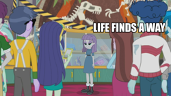 Size: 1200x675 | Tagged: safe, edit, edited screencap, screencap, character:blueberry cake, character:curly winds, character:lyra heartstrings, character:maud pie, character:microchips, character:velvet sky, episode:school of rock, g4, my little pony: equestria girls, my little pony:equestria girls, blueberry cake, caption, curly winds, dr. ian malcolm, image macro, jeff goldblum, jurassic park, meme, some blue guy, velvet sky