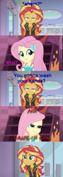 Size: 894x2516 | Tagged: safe, edit, edited screencap, screencap, character:fluttershy, character:sunset shimmer, episode:a fine line, g4, my little pony: equestria girls, my little pony:equestria girls, dcau, doctor polaris, fluttershy's revenge, geode of empathy, geode of fauna, justice league, justice league unlimited, lex luthor, pure unfiltered evil, screencap comic, the flash