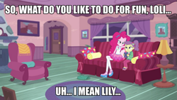 Size: 1245x700 | Tagged: safe, edit, edited screencap, screencap, character:pinkie pie, episode:pinkie sitting, g4, my little pony: equestria girls, my little pony:equestria girls, caption, female, image macro, lily pad (equestria girls), meme, out of context, young