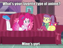 Size: 1000x769 | Tagged: safe, edit, edited screencap, screencap, character:pinkie pie, episode:pinkie sitting, g4, my little pony: equestria girls, my little pony:equestria girls, anime, caption, clothing, couch, eye contact, female, frown, hairband, image macro, implied lesbian, lily pad (equestria girls), looking at each other, meme, out of context, pantyhose, prone, pun, shoes, side ponytail, skirt, smiling, wide eyes, worried, young