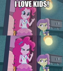 Size: 853x960 | Tagged: safe, edit, edited screencap, screencap, character:pinkie pie, episode:pinkie sitting, g4, my little pony: equestria girls, my little pony:equestria girls, caption, clothing, female, i am an adult, i need an adult, image macro, innuendo, ipad, jacket, lily pad (equestria girls), magical geodes, meme, out of context, skirt, smiling, young