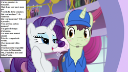 Size: 1280x720 | Tagged: safe, edit, edited screencap, screencap, character:package deal, character:rarity, species:pony, species:unicorn, episode:rarity investigates, g4, my little pony: friendship is magic, season 5, bedroom eyes, blush sticker, blushing, canterlot carousel, carmen, clothing, curtains, delivery pony, doorway, female, french, george bizet, hat, lyrics, male, mare, opera, seduction, seductive, shirt, singing, song reference, stallion, stubble, text box