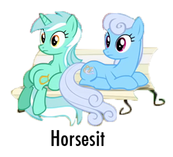 Size: 392x356 | Tagged: safe, edit, edited screencap, screencap, character:linky, character:lyra heartstrings, character:shoeshine, episode:dragonshy, g4, my little pony: friendship is magic, background removed, bench, duo, meme, pun, simple background, sitting, sitting lyra, white background