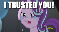 Size: 1280x699 | Tagged: safe, edit, edited screencap, screencap, character:starlight glimmer, character:trixie, species:pony, species:unicorn, episode:no second prances, g4, my little pony: friendship is magic, betrayal, crying, discovery family logo, image macro, meme, upset