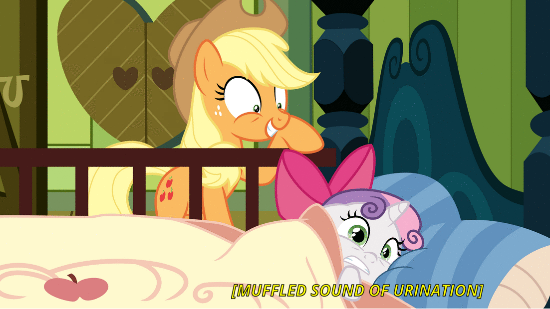 Size: 1102x620 | Tagged: safe, edit, edited screencap, screencap, character:applejack, character:sweetie belle, species:earth pony, species:pony, species:unicorn, bed, caption, descriptive noise, fear wetting, female, filly, implied bedwetting, implied pissing, implied wetting, mare, pillow, scared, text