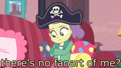Size: 1920x1080 | Tagged: safe, edit, edited screencap, screencap, episode:pinkie sitting, g4, my little pony: equestria girls, my little pony:equestria girls, clothing, hat, image macro, lily pad (equestria girls), meme, pirate hat, solo, young