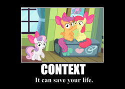 Size: 1042x742 | Tagged: safe, edit, edited screencap, screencap, character:apple bloom, character:scootaloo, character:sweetie belle, species:pegasus, species:pony, episode:somepony to watch over me, g4, my little pony: friendship is magic, caption, cutie mark crusaders, hoof in mouth, motivational poster, not what it looks like, out of context