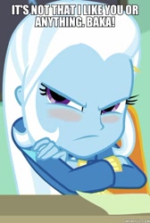 Size: 600x891 | Tagged: safe, edit, edited screencap, screencap, character:trixie, episode:a little birdie told me, g4, my little pony: equestria girls, my little pony:equestria girls, baka, blushing, image macro, meme, trixie yells at everything, tsundere, tsunderixie