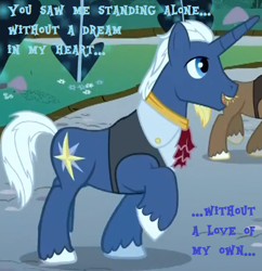 Size: 400x413 | Tagged: safe, edit, edited screencap, screencap, character:blue moon (g4), character:chocolate sun, species:pony, species:unicorn, episode:the best night ever, g4, my little pony: friendship is magic, background pony, billie holiday, blue moon, clothing, cropped, frank sinatra, lyrics, male, raised hoof, song reference, stallion, stealth pun, text