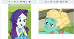 Size: 832x437 | Tagged: safe, edit, edited screencap, screencap, character:rarity, character:zephyr breeze, derpibooru, episode:overpowered, episode:queen of clubs, g4, my little pony: equestria girls, my little pony:equestria girls, female, geode of shielding, juxtaposition, male, meta