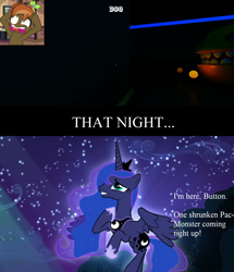 Size: 1240x1440 | Tagged: safe, edit, edited screencap, screencap, character:button mash, character:princess luna, species:earth pony, species:pony, episode:bloom and gloom, g4, my little pony: friendship is magic, button mash plays (web video), colt, cropped, let's play, male, maze, nightmare, nightmare fuel, pac-man, pacwar, pellets