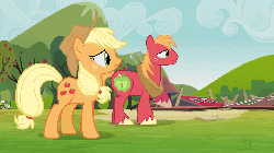 Size: 250x140 | Tagged: safe, edit, edited screencap, screencap, character:applejack, character:big mcintosh, species:earth pony, species:pony, episode:too many pinkie pies, g4, my little pony: friendship is magic, angry, animated, clothing, hat, male, reaction image, stallion