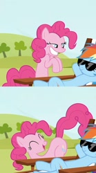 Size: 1200x2160 | Tagged: safe, edit, edited screencap, screencap, character:pinkie pie, character:rainbow dash, species:pony, episode:too many pinkie pies, g4, my little pony: friendship is magic, comic, female, implied farting, mare, out of context, plot, screencap comic, sunglasses