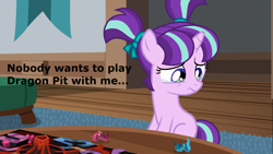 Size: 1280x720 | Tagged: safe, edit, edited screencap, screencap, character:starlight glimmer, episode:uncommon bond, g4, my little pony: friendship is magic, board game, bronybait, dragon pit, female, filly, filly starlight glimmer, sad, solo, younger