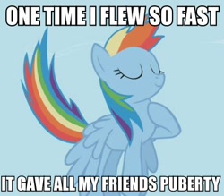 Size: 400x350 | Tagged: safe, edit, edited screencap, screencap, character:rainbow dash, species:pegasus, species:pony, episode:the cutie mark chronicles, g4, my little pony: friendship is magic, eyes closed, female, flying, image macro, mare, meme, solo