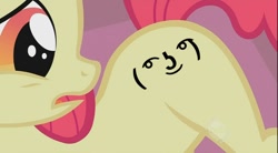 Size: 864x478 | Tagged: safe, edit, edited screencap, screencap, character:apple bloom, species:earth pony, species:pony, female, filly, le lenny face, looking back, solo