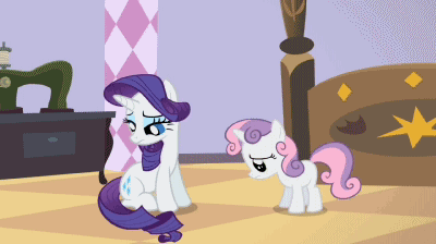 Size: 400x224 | Tagged: safe, edit, edited screencap, screencap, character:rarity, character:sweetie belle, species:pony, species:unicorn, episode:sisterhooves social, g4, my little pony: friendship is magic, angry, animated, carousel boutique, duo, duo female, female, filly, gif, mare, reaction image
