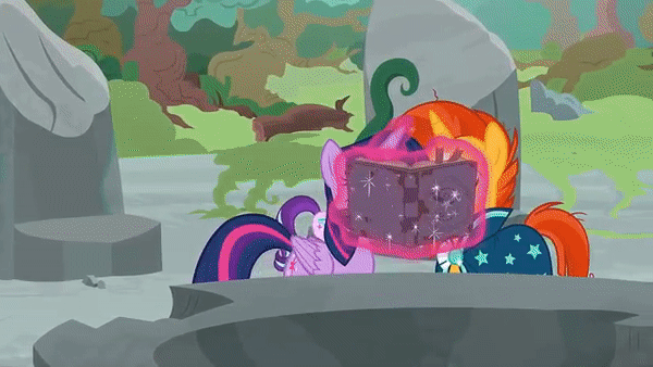 Size: 600x338 | Tagged: safe, edit, edited screencap, screencap, character:starlight glimmer, character:sunburst, character:twilight sparkle, character:twilight sparkle (alicorn), species:alicorn, species:pony, episode:shadow play, g4, my little pony: friendship is magic, animated, caption, female, gif, implied star swirl the bearded, male, mare, ponehenge, stallion, starswirl's book, subtitles
