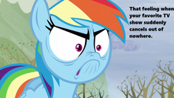 Size: 1280x720 | Tagged: safe, edit, edited screencap, screencap, character:rainbow dash, episode:tanks for the memories, g4, my little pony: friendship is magic, season 5, angry face, autumn, cancellation, cloud, do i look angry, fangirl, female, hype, obligatory pony, shrunken pupils, solo, text, tree